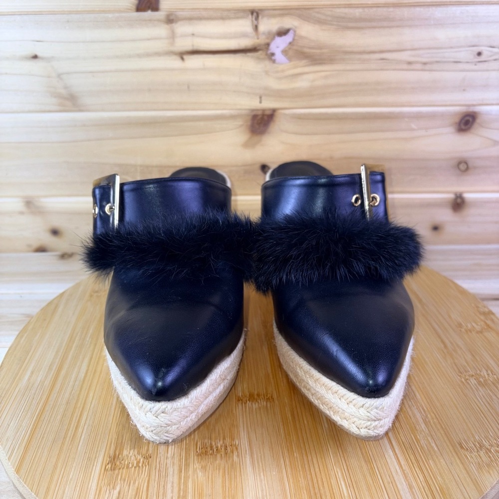 Espadrille Wedge Heels Womens 9 Black Faux Leather Pointed Toe Faux Fur Sandals - Picture 5 of 12